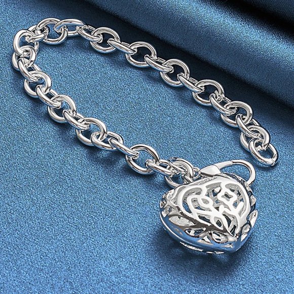 Hollowed & Carved Heart Pendant Bracelet Stamped .925 Solid Sterling Silver - Picture 3 of 6